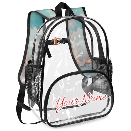 Personalized Large Clear Backpack Stadium Approved Heavy Duty PVC Plastic Custom Nautical Coastal Transparent Backpacks See Through Bag with Name, Ocean Beach Seashell2