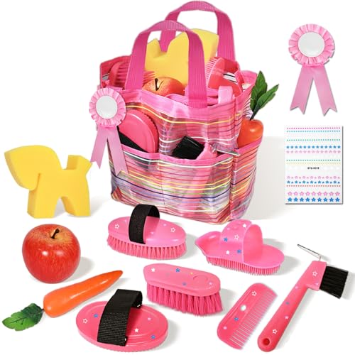 Hobby Horse Zubehör Kinder, Pferde Putzbox Spielzeug Rosa mit Tasche mit Bürsten, Kamm, Hufkratzer und Pferdeputzzeug für Mädchen, Magic Brush Horse Geschenk, Vorgetäuschtes Spielmaterial
