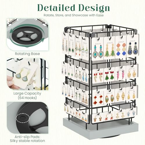 Image of EsLuker.ly Rotating Earring Display Holder Stand for Vendors Events Selling, Large Capacity 64 Hooks Jewelry Rack with Wooden Base for Earring Card Sales, Enhances Retail Visibility (Light Grey)