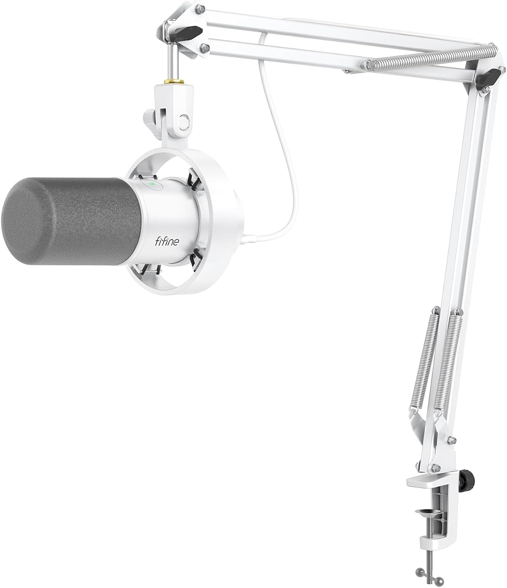 AmpliTank K688CTW Dynamic Microphone with Boom Arm, XLR/USB Mic | Studio Vocal Podcast Mic Kit for PC, with Mute Button, Volume Knob, Headphone Jack, for Streaming Recording, White