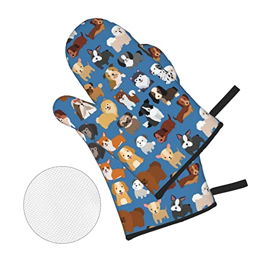 Cute Animal Dog Oven Mitts And Pot Holders Sets Set Of 4，Resistant Hot Pads Non-Slip Cotton Lining Gloves For Kitchen Baking Cooking Grilling (Blue) #TOP2