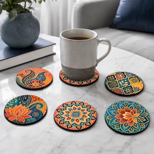 Image of Zesta Coasters for Cups Set of 6 / Wooden Coasters for Bar Accessories for Home /Tea Coaster Set of 6 / Waterproof Dining Table Decor Glass Cover (Mandala, Circle)
