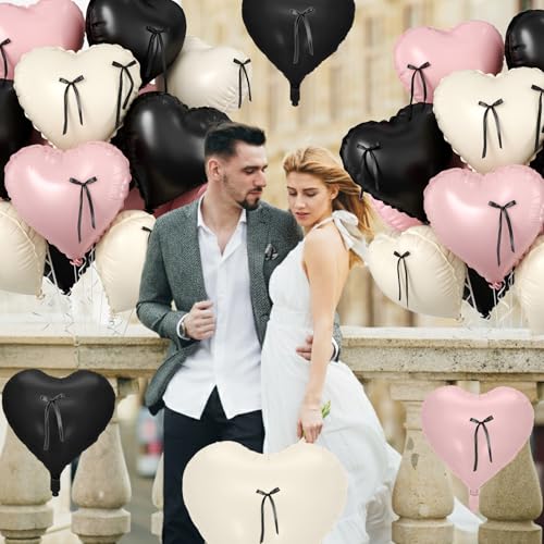 Image of Pink and Black Heart Balloons, 10 Pcs Baby Pink Cream Heart Shaped Balloon with Black Bow Ribbon, 18 Inch Pink Sand White Foil Balloons for Brithday Baby Shower Wedding Valentines Party Decoration