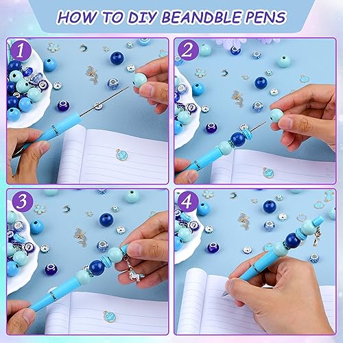 Wewaysmile 12 Set Plastic DIY Bead Pens Wood Crystal Spacer Ballpoint Pen Set for Women Gifts School Office Supplies (Blue) - Image 4