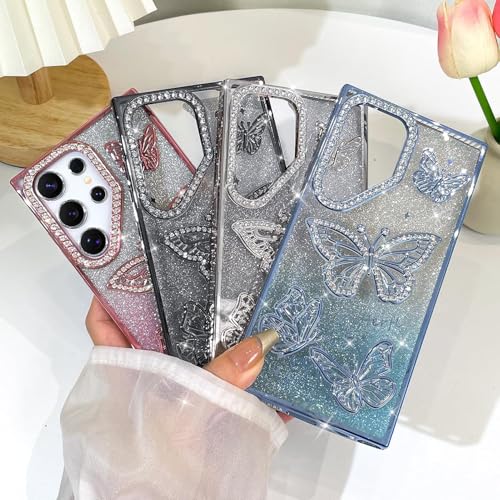 Image of Elzzi Electroplated Diamond Butterfly Phone Cover for Samsung S24 Ultra Case, Showcasing Soft TPU, Shockproof, Stylish Back Cover for Girls & Women (Grey)