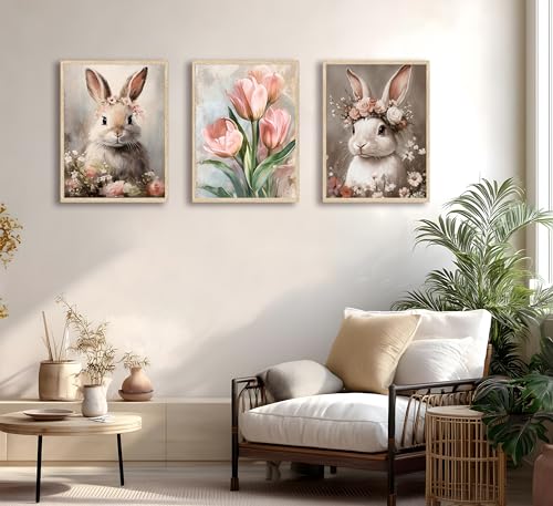Image of FJKLRP 3pcs Pink Bunny Canvas Prints Wall Art 12x16 inches Unframed