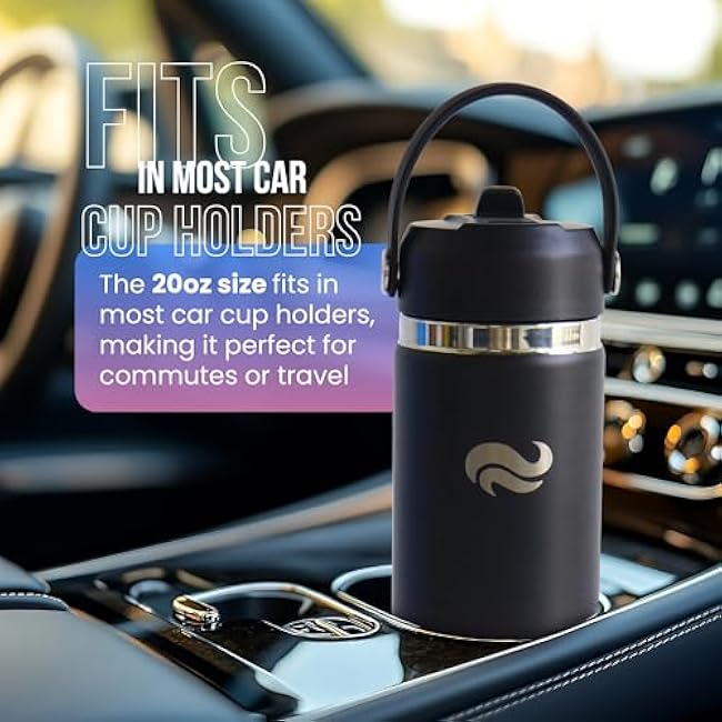 Water Bottle ¨C Double-Wall Insulated Stainless Steel with Straw & Spout Lids ¨C BPA-Free Flask for Hot & Cold Drinks ¨C 20oz & 32oz Sports Bottle for Travel, Gym, Car & School (Black, 20 Oz)