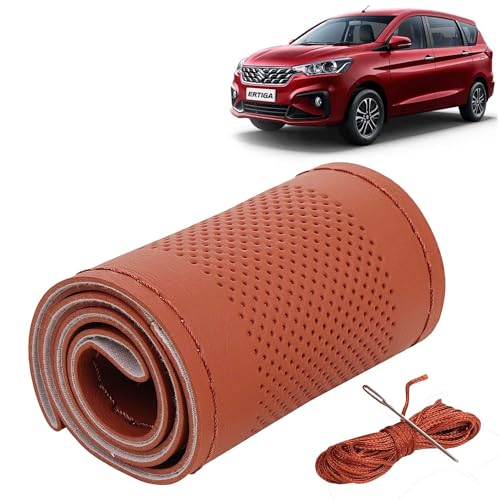 Image of KINGSWAY PU Leatherite Car Steering Cover Sewable Compatible with Maruti Suzuki Ertiga (Year 2022 Onwards), Tan Color with Tan Thread, Pack of 1 with Sewing Needle and Thread