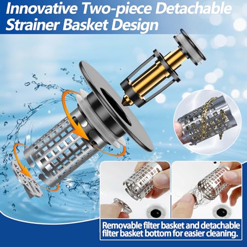 Image of Bathroom Sink Drain Strainer, Pop-up Sink Drain Strainer with Removable Stainless Steel Strainer Basket Hair Catcher, Bathroom Sink Strainer for Bathroom Sink Stopper Replacement