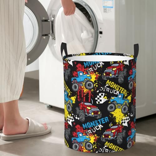 Image of Laundry Basket Monster Truck Room Decor,Round Laundry Hamper Waterproof Dirty Clothes Hamper Collapsible Laundry Baskets With Handles,Toy /Clothes Storage Basket For Home Dorm Bathroom Decor