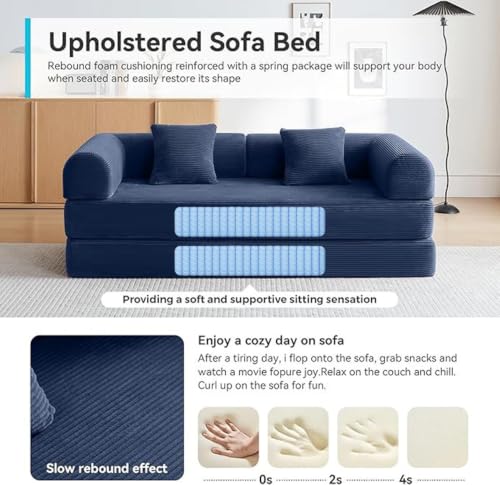 Image of Convertible Sofa Bed with Corduroy Pillow,Comfy Floor Sofa Bed Compressed Sofa in Box, Convertible Sofa Bed for Living Room Bedroom Lounge Studio, Comfy High Density Foam Mattress(Navy Blue)
