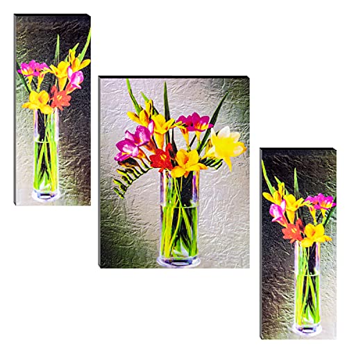 Image of Indianara Set of 3 Multicolored Flowers in a Pot MDF Art Painting (63 FL) without glass 4.5 X 12, 9 X 12, 4.5 X 12 INCH