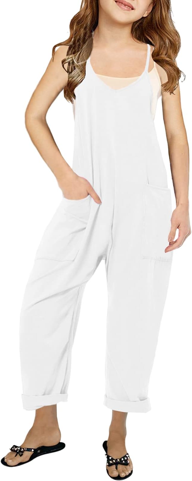 Cnkwei Girls' Casual Sleeveless Jumpsuits Spaghetti Strap Loose Romper Long Pants with Pockets