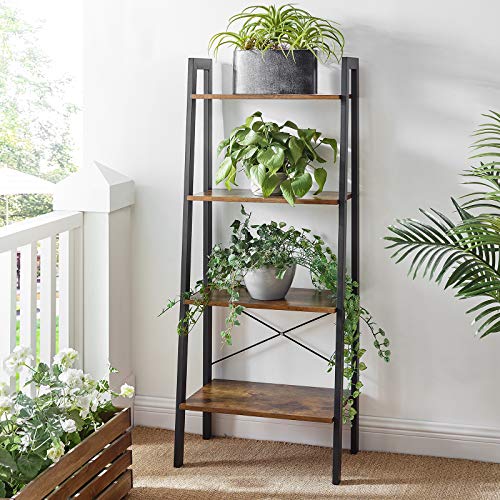 VASAGLE ALINRU Ladder Shelf, 4-Tier Bookshelf, Storage Rack Shelves, Bathroom, Living Room, Industrial Accent Furniture, Steel Frame, Rustic Brown and Black ULLS44X