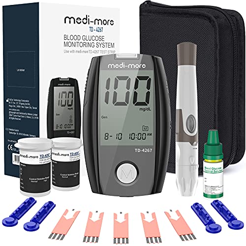 Medi-More Blood Glucose Monitor Diabetes Testing Kit with Meter, 100-30 Gauge Lancets with Control Solution, Lancing Device and Carrying Case, Black