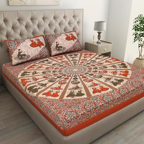 Image of JAIPUR PRINTS 100% Cotton Bedsheet for Double Size Bed bedsheets Rajasthani Jaipuri Printed Double Size Bedsheet with 2 Pillow Cover / 90x100 inch / 235x215 cm / (Brown)