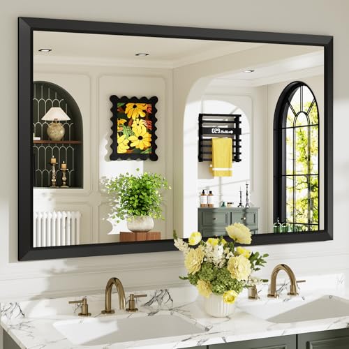 Image of 55x36 Inch Black Bathroom Mirror for Wall, Beveled Framed Rectangle Bathroom Vanity Mirrors for Over Sink, Bedroom, Living Room, Entryway, Anti-Rust, HD Tempered Glass, Horizontally /Vertically