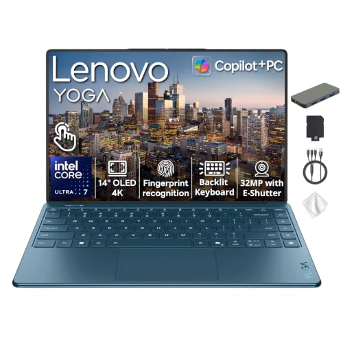 Image of Lenovo Yoga Slim 9i 14 inch 4K OLED Touch Copilot+ PC Laptop, Intel Ultra 7 258V, 32GB RAM, 2TB Storage(1TB SSD+1TB Docking Station), Intel Arc GPU, Backlit Keyboard, Fingerprint, Win 11 Home, Tidal Teal