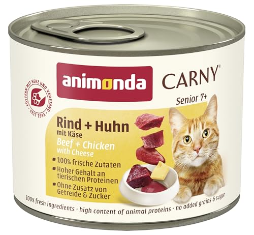 animonda Carny Katzen Nassfutter Senior Rind + Huhn + Käse (6 x 200g), Katzenfutter nass ohne Getreide ohne Zucker für Katzen ab 7 Jahren mit...