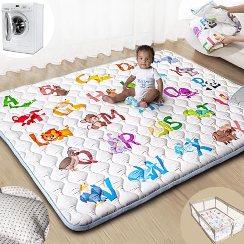 Image of Beavtaens Baby Play Mats for Floor, 71”x59” Upgraded Thickness & Larger Super Soft Playmat for Babies and Toddlers, Foldable Washable, Upgrade Anti-Slip Crawling Mat for Playpen(Animal Alphabets)
