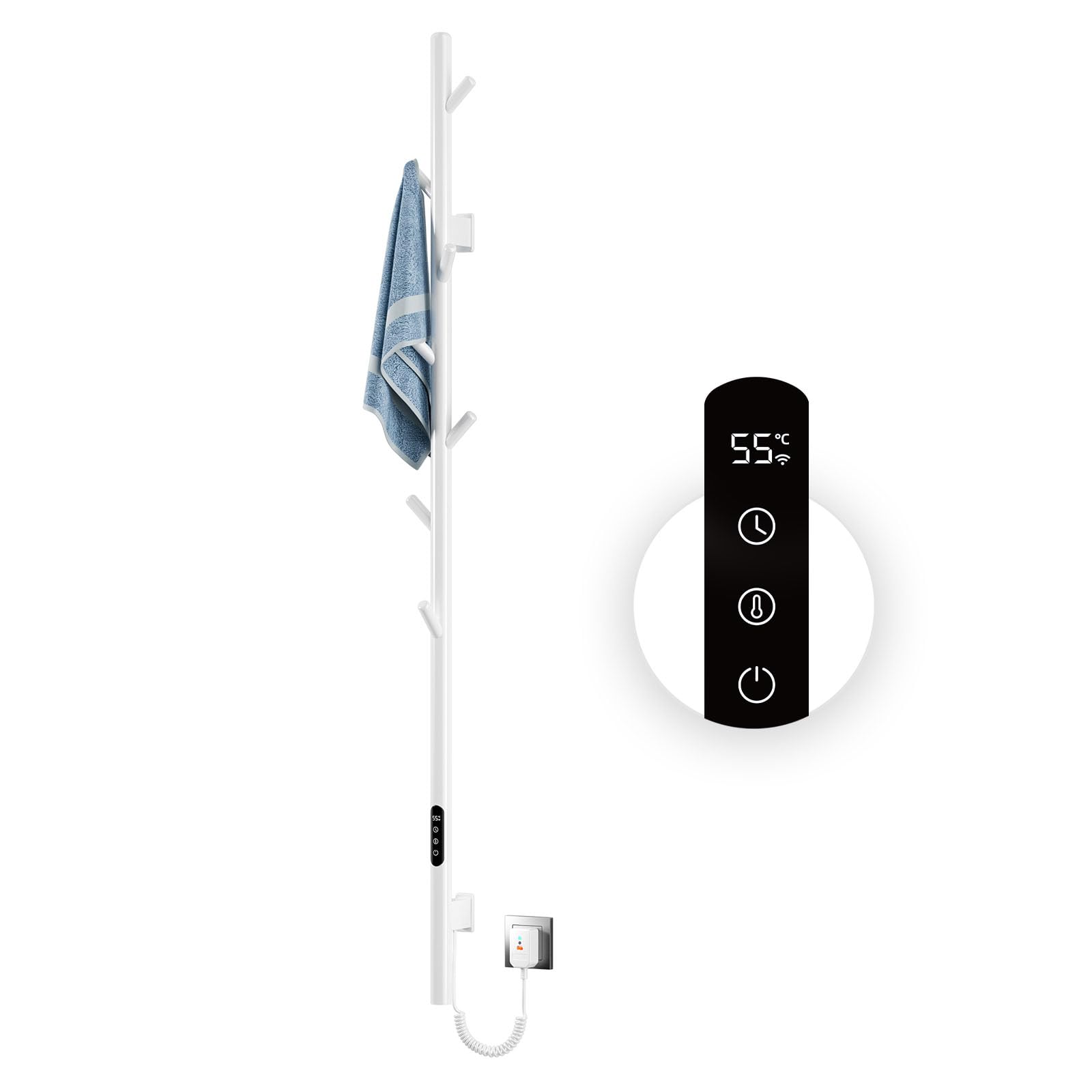 Radiador Toallero Eléctrico,Toallero calefactable Blanco,153cm Radiador eléctrico una sola varilla inteligente WIFI,con pantalla LED, Temporizador y 7 ganchos,Bajo Consumo De Energía Towel Warmer