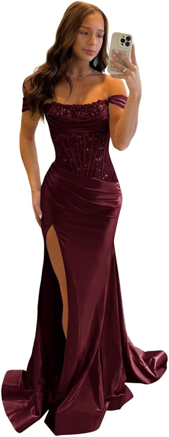 Corset Satin Prom Dress for Teens Off Shoulder Mermaid Cocktail Evening Gowns Split Long Formal Party Dresses KD005