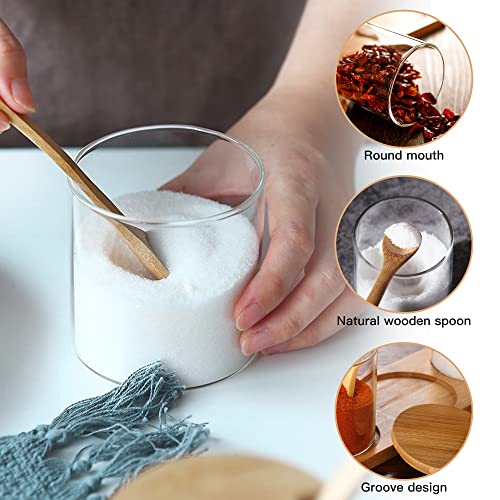 Clear Glass Jar Condiment Canisters Pots 3 Pcs Set, Decorative Storage Seasoning Glass Condiment Containers With Lids Bamboo Spoon Lid And Base For Home Kitchen Café Storing Salt Sugar Pepper Spice #TOP1