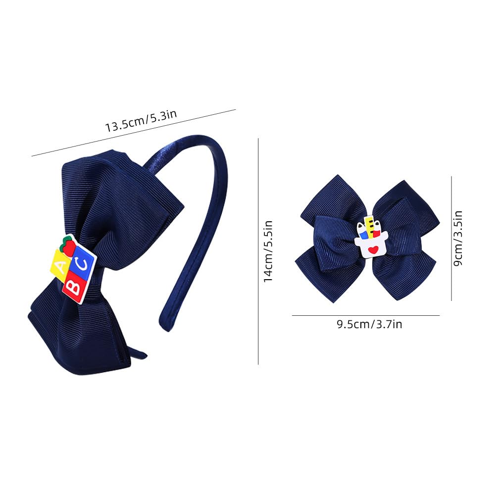 School Hair Bow Clip and School Headband Set, Girl School Hair Accessories Bow Hairs Clip Hairband with Pencil, ABC Letter, Red Apple Decoration TSFC10 (Navy) image 2