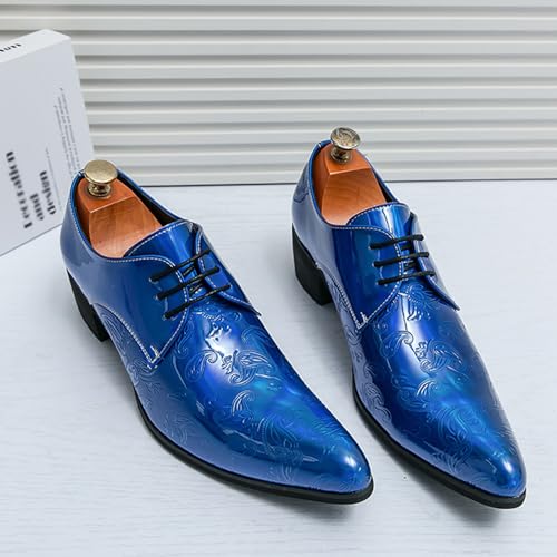 Image of Men's Printing Pointed-Toe Patent Leather Derby Oxford Shoes,Classic Lace-up Low Top Block High Heel Fashion Slip on Prom Business Wedding Dress Shoes