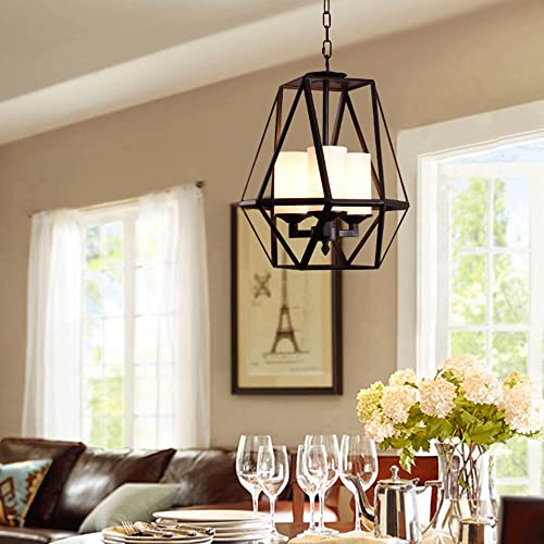 Chandelier industriel cage noire suspension eclairage reglable salon