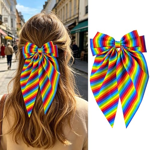 Pinzas para el cabello con lazo arcoíris para el Día del Orgullo Gay, lazo grande de raso con cola larga, diseño multicolor, gran lazo para mujeres, desfile y fiesta del mes del orgullo