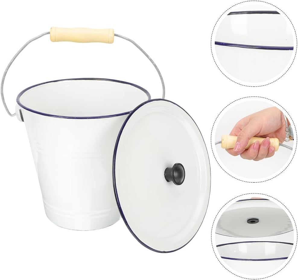 Luxshiny White Enamel Bucket Rustic Utensil Pail Metal Water Drinks Tub Wine Ice Bucket Summer Beach Bucket Enamel Chamber Pot Compost Bin with Lid for Plant 7L