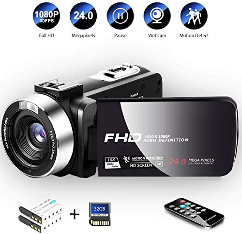 Camcorder Digital Camera with HD Digital Video Camera 24.0Mega Pixels 16X Digital Zoom for Selfie Pause Function (Two Batteries and 32GB SD Card Included) (Black)