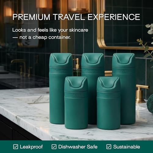 Image of RIES Essential Refillable Toiletry Travel Bottles Airless Pump Set | TSA Approved, Leak Proof Airless Pump, BPA Free Recycled Plastic, 5 Piece Escapade Green Color Set, Dishwasher Safe