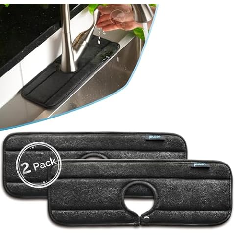 Ternal Sinkmat for Kitchen Faucet, Original Design, Absorbent Microfiber Fabric, Machine Washable Splash Guard & Drip Catcher For Around Faucet Handle [Black, Standard, 2 Pack] Cover
