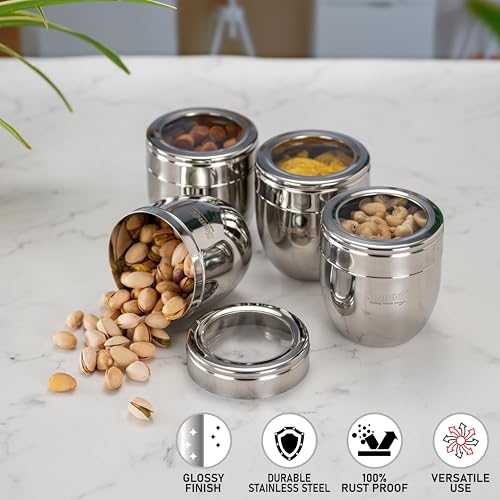 Image of Sumeet Stainless Steel Conical Shape Canisters /Dabba /Storage Containers for Kitchen with See Through Lid, Set of 4 Pcs, 400ml Each, 8.5cm Dia, Silver