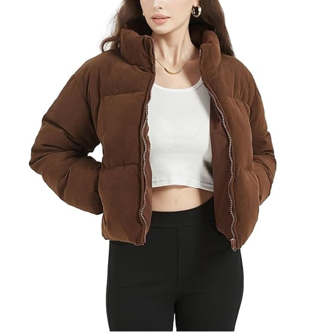 dpl groups Women's Cropped Puffer Jacket, Brown Quilted Winter Coat, Zip-Up Padded Outerwear-picture-34
