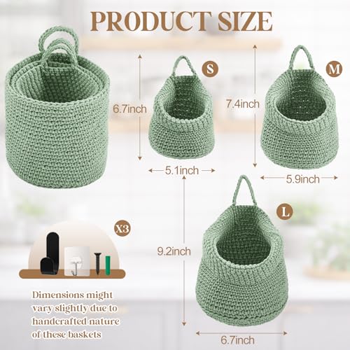 Image of Honeydak 3 Hanging Baskets, Sage Green, Barrel, Cotton Rope
