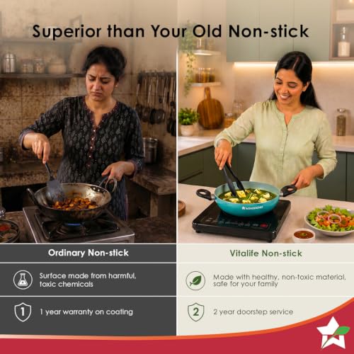 Image of Wonderchef Vitalife Non-Stick Kadhai & Glass Lid for Kitchen, 20cm, 1.4 L, Non-Toxic Coating, PFOA-Free, Cool-Touch Handles, Scratch-Resistant, Gas & Induction Compatible, 2-Yr Warranty, Teal Green