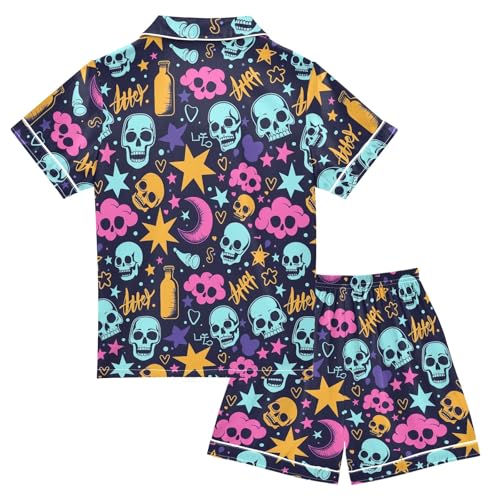 Creative Graffiti Summer Satin Pajama Set, Cute Button-Down Sleepwear Pj Set for Sleep Wears2