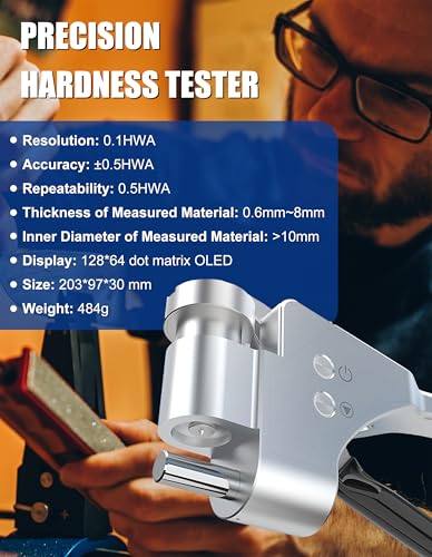 Image of Digital HWA Hardness Tester 6-in-1 Hardness Tester with HWA, HRE, HRF, HRB, HV, HB Systems Portable Hardness Tester for Aluminum Alloy, Brass, Copper, Mild Steel (Model AMT308)