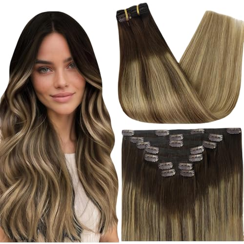 Image of Full Shine Dark Brown Balayage Clip in Extensions Real Human Hair 18 Inch | Clip on Hair Extensions for Women, Balayage Dark Brown Ombre Honey Blonde, 7 Pcs 120g
