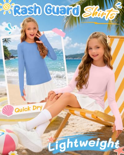 Image of 3 Pack Girls' Rash Guard Swim Long Sleeve Shirt UPF 50+ UV Sun Protection Quick Dry Tee with Thumb Holes 5-14Y