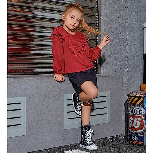Image of Girls Long Sleeve Ruffle Tops Winter Tunic Fall Tops Round Neck Blouse Solid Color