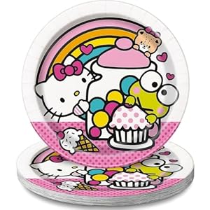 Unique Platos redondos de postre de papel rosa y blanco de Hello Kitty & Friends, 7 pulgadas (paquete de 8), diseño adorable, perfectos para fiestas y celebraciones temáticas de Hello Kitty
