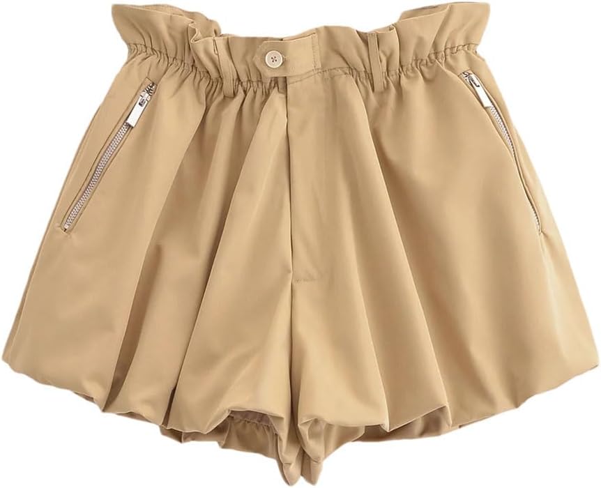 Women's High Waist Zipper Shorts Summer Outdoor Solid Casual Pants Office Ruffle Shorts