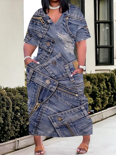 Image of SUZONANA Plus Size Denim Print Maxi Dresses for Women Casual V Neck Short Sleeve with Pockets Soft Jean Look Dress XL-6XL