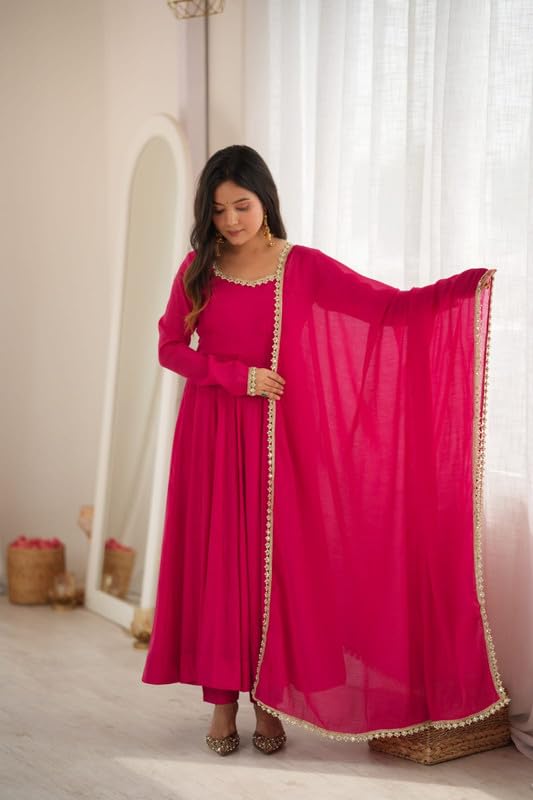 TREZX COLLECTION महिलाओं के लिए प्योर मल चंदेरी अनारकली सूट सेट - Image 5