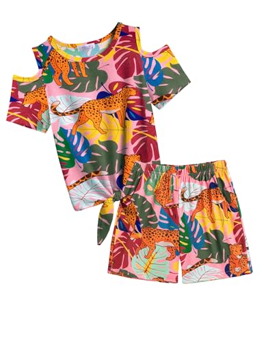 Image of Arshiner Girls Short Sets 2 Pieces Outfits Short Sleeve Tie Knot T-Shirts and Casual Shorts With Pockets Cute Clothes Sets