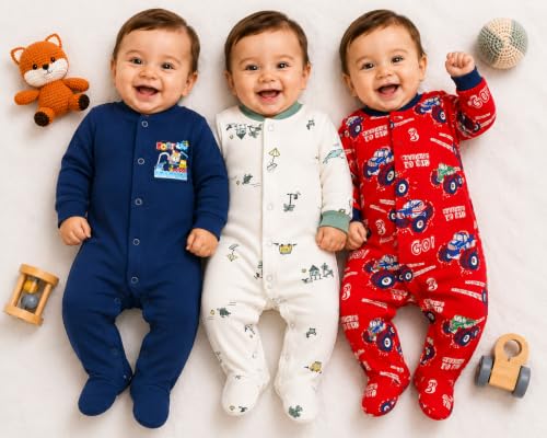 Image of EIO 100% Cotton Baby Rompers Sleepsuits Jumpsuits Night Suits for Newborn Baby Boys & Girls | Soft Infant Bodysuit | Pack of 3 Kids Rompers